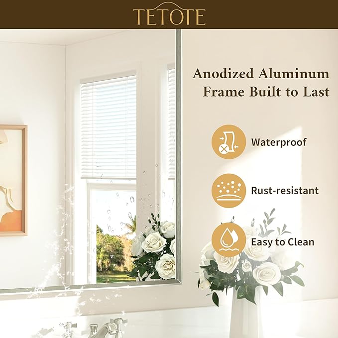 TETOTE Brushed Nickel Mirror for Bathroom Sink 24" x 36" Beveled Frame Brushed Nickel Vanity Rectangle Mirror for Bathroom Wall, Modern Farmhouse, Tempered Glass, Shatterproof, Stronger Frame