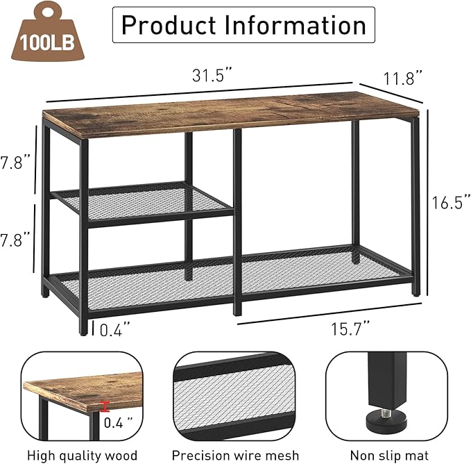 Rustic Wood Bench with 3-Tier Shoe Rack for Small Spaces - Free Standing Shoe Storage Shelf with Boot Organizer