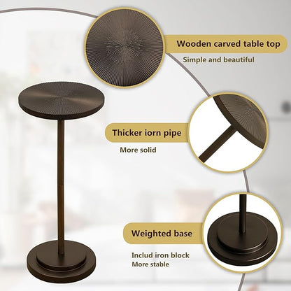 Drink Table Set of 2, Small Round Pedestal Side Table with Carved Top for Living Room, Bedroom, Small Space, Corners and Office, Brown