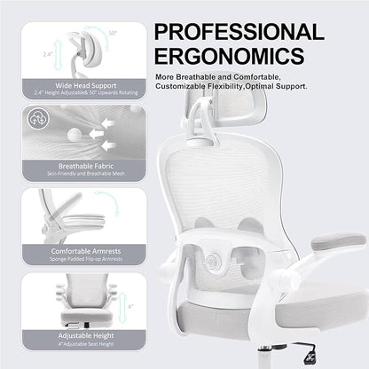 Ergonomic Office Chair,Ultra Thick Office Desk Chair with Adjustable Lumbar Support and Headrest,Spring Cushion,Rocking Function,Flip-up arms,Mesh Computer Chair for Home Office,Grey