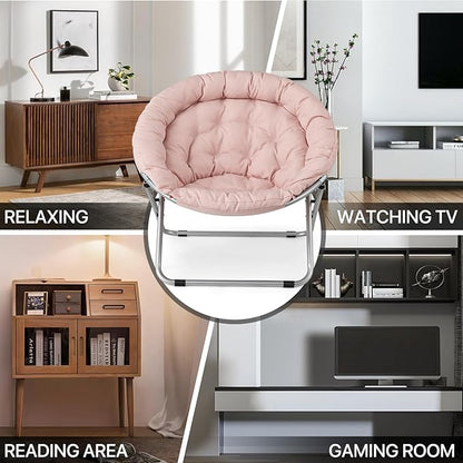 MoNiBloom Round Folding Saucer Chair for Bedroom Living Room Dorm Foldable Metal Frame Comfy Soft Lounge Lazy Cozy Moon Chair for Teens (Pink)