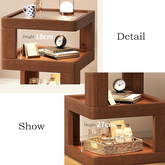 Solid Wood Nightstand,End Tables Bedroom Small Shelf Modern Nightstand Wood Side Table (GLASS-21.3 * 13.8 * 13.8)