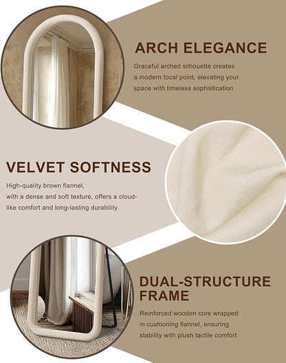 Delma Arched Full Length Mirror, Free Standing Floor Velvet Frame Mirror for Leaning or Hanging, Soft Touch Bedroom & Living Room Decor, Cream White