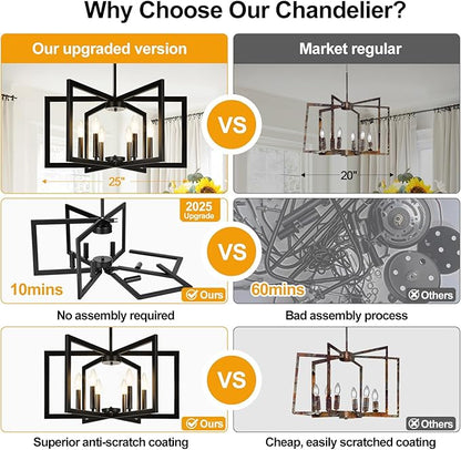 25" Modern Black Chandelier for Dining Room (6-Light, 25-Inch), Geometric Black Dining Room Light Fixture Over Table, Industrial Metal Hanging Pendant Lights for Kitchen Island, Entryway, Foyer