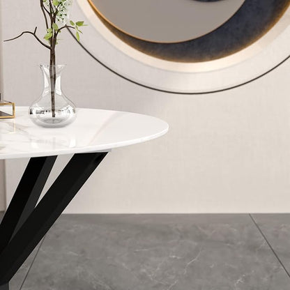 Round Marble Dining Table for 2-4 with Metal Legs, 31.5 Inch Modern Small Sintered Stone Kitchen Table for Kitchen Dining Room (White)