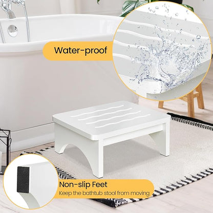 Wooden Step Stool for Adults, One Step Stool with Non-Slip Rubber, 6.9”x 15.7"" Bed Step Stool for High Beds, White Safety Foot Stool for Elderly, Kid