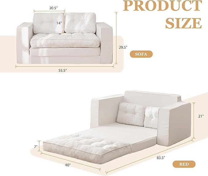 YOSHOOT Loveseat Sleeper Sofa,55" Convertible Sofa Bed Couch Futon Couches for Living Room,3-in-1 Pull Out Floor Couch with Backrest and Pillows