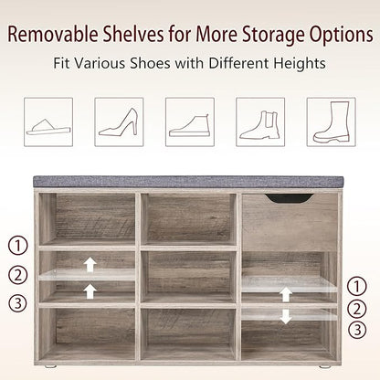 DINZI LVJ Shoe Bench,Entryway Storage Bench with Drawer and 8 Cubbies,Cubby Rack Adjustable Shelves,Shoe Organizer Cabinet for Living Room,Bedroom,Mudroom,Closet Garage,Greige