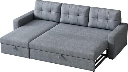Ball & Cast L-Shape Reversible Sectional Sleeper Sofa Bed,Linen Upholstered 4 in 1 Pull Out Couch with Storage Chaise & Removable Back Cushions,Convertible Corner Sectionals for Living Room,Office