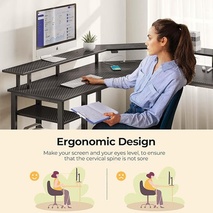 Rolanstar L Shaped Gaming Desk with LED Lights & Power Outlets, 53" Computer Desk with Full Monitor Stand & Storage Shelf, Corner Desk with Hooks, Carbon Fiber Desk Reversible