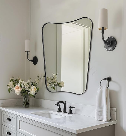 Black Bathroom Mirror, Black Vanity Mirror, 22x30 Irregular Shaped Mirror for Wall, Anti-Rust Metal Framed Wavy Mirror