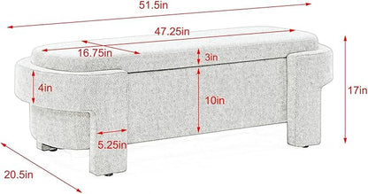 KEIKI 51" Linen Ottoman Bench with Large Storage Space, Upholstered Seating Foot Rest Stool Furniture for Bedroom, Living Room, Entryway, White