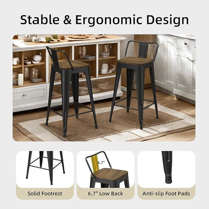 Black Bar Stools Set of 4, Metal Bar Stools with Wooden Seat, Modern 24”Counter Height Barstools with Low Back