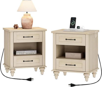 WAMPAT Set of 2 End Tables with Charging Station, 2 Drawer Nightstand for Bedroom with Storage Shelf, 2 Pack Wooden End Tables Bedside Table for Living Room, Beige