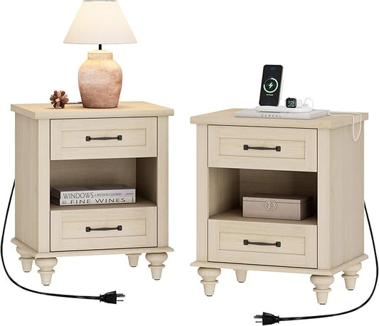 WAMPAT Set of 2 End Tables with Charging Station, 2 Drawer Nightstand for Bedroom with Storage Shelf, 2 Pack Wooden End Tables Bedside Table for Living Room, Beige