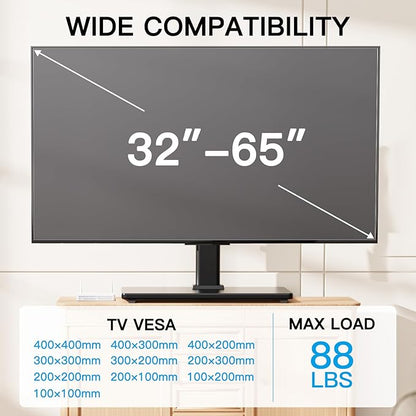PERLESMITH Universal Swivel TV Stand-Table Top TV Stand for 32-65 inch TV-Height Adjustable TV Base with Heavy-Duty Tempered Glass Base, VESA 400x400mm up to 88lbs, PSTVS17