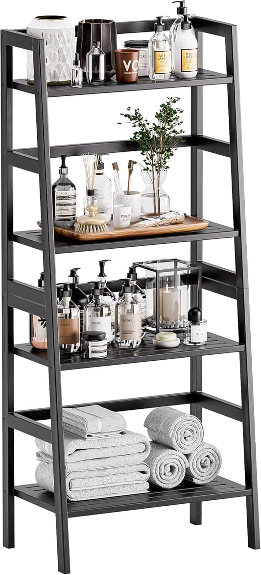 HITNET Black Bookshelf, 4-Tier Ladder Shelf, Freestanding Leaning Bookcase with Bamboo Shelves, Space Saving Flower Plant Stand for Small Space