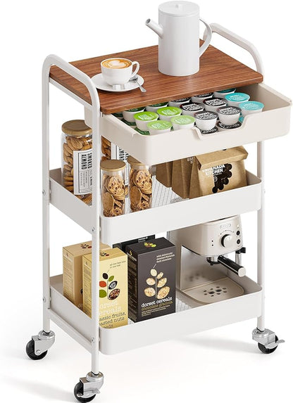 TOOLF 3-Tier Metal Utility Rolling Cart with Drawer & Wooden Table Top, Storage Cart White Trolley Kitchen Organizer Rolling Desk with Locking Wheels for Office, Classroom, Dorm, Bedroom
