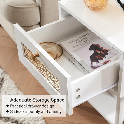 Modern Style Side Table, End Table with Drawer and Shelf for Living Room, Square Wooden Small Nightstand, White