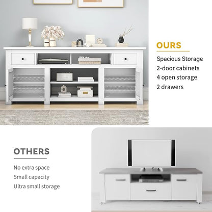 DWVO Farmhouse TV Stand for 75/80 Inches TVs, Entertainment Centers Furniture 30" Tall, TV Consoles with Storage Drawers & Power Outlet, Rustic TV Stands for Living Room, White