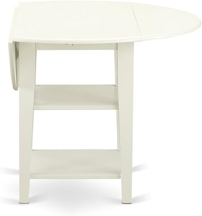 East West Furniture SUDA3-LWH-W 3 Piece Dining Room Table Set Contains a Round Dining Table with Dropleaf & Shelves and 2 Wood Seat Chairs, 42x42 Inch, Linen White