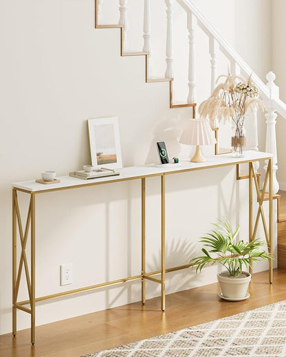 Masupu 70.9" Console Table, Modern Narrow Long Sofa Table Behind Couch, Skinny Entry Table, Industrial Sofa Table with Metal Frame for Hallway, Living Room, Marble White