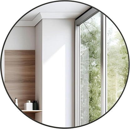 Black Round Mirror,Bathroom 24 Inch Vanity Wall Mirror,Modern Circle Mirror for Wall,Wood Mirror for Bedroom Living Room Entryway