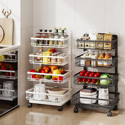 4-Tier Kitchen Storage Cart, Metal Utility Rolling Cart with Wheels, Versatile Rolling Storage Snack Cart, Adjustable Fruit Vegetable Basket Rack for Pantry, Bathroom, Kitchen, Office (Milky White)
