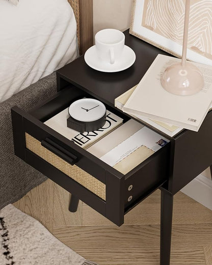 Bedroom Nightstands Wooden Night Stands with Rattan Weaving Drawer Home Bedside End Table for Bedroom Storage (Bohemian-Black)