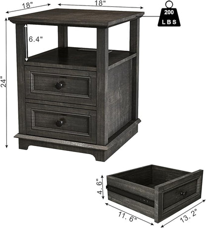 End Table with Fast Charging Station Set of 2, 18" Wide Sofa Side Table with Drawers, Large Storage Rustic Wood Square Storage Cabinet for Living Room