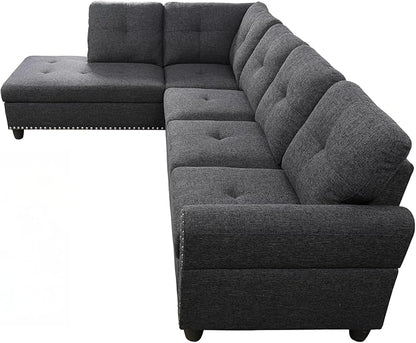 Ball & Cast 98" L Shaped Sectional Couch for Living Room,4 Seat Linen Upholstered Modular Sectional Sofa Set 2 PCS with Chaise,Coffee Table,Cup Holders & Nailhead Trim Design for Home,Office,Charcoal