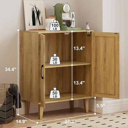 Rattan Decorated Buffet Cabinet - 2 Doors Simple Style Storage Cabinet, Shoe Cabinet with Adjustable Shelves, Sideboard for Kitchen, Living Room, Hallway, Entryway (Natural Wood)