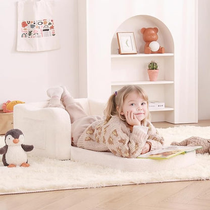 Welnow Kids Sofa, 2-in-1 Soft Sherpa Toddler Chair, Convertible Toddler Couch Lounger, Flip Out Kids Couch Chair with Side Pockets & Removable Cover for Girls and Boys, Beige