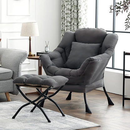 Large Lazy Chair with Ottoman, Accent Reading Chair with a Throw Pillow, Cozy Lounge Chair with Armrest, Leisure Sofa Chair for Living Room, Bedroom, Dorm, Dark Grey