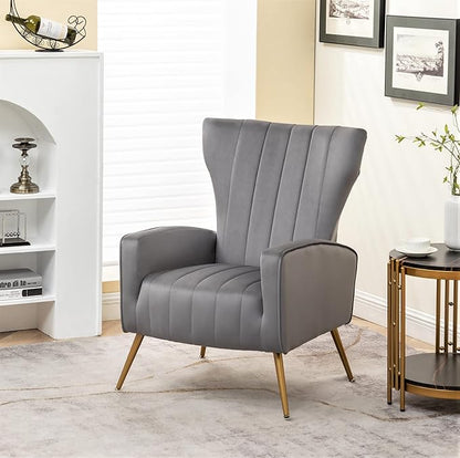 Container Furniture Direct Modern Velvet Accent Chair, Channel Tufted Bedroom, Office or Living Room Furniture with Elegant Metal Legs, 26" Wide Armchair, Grey