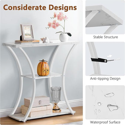 Hoctieon 3 Tier Console Table with Open Wood Shelves, Decorative Entryway Table with Curved Metal Frames, Narrow Sofa Table for Entrance, Living Room, Hallway, White Marbled