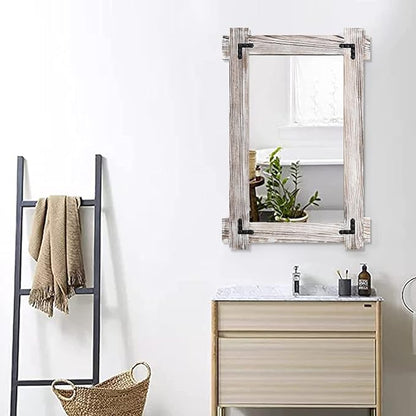 MeMoreCool Farmhouse Rustic Wood Framed Bathroom Mirror, Decorative Wall Mounted Rectangular Mirror for Bedroom, Living Room, or Bathroom, 40x28 Inch, White