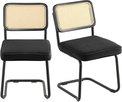 VEVOR Rattan Dining Chairs Set of 2, Mid Century Modern Dining Chair, Upholstered Velvet Accent Chair with Rattan Back, Retro Dining Room Kitchen Chair for Living Room, Bedroom(18.1 Inch)