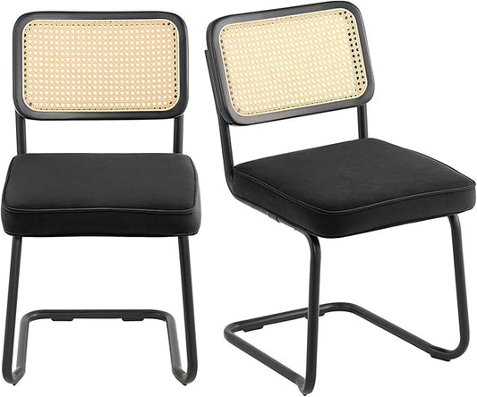 VEVOR Rattan Dining Chairs Set of 2, Mid Century Modern Dining Chair, Upholstered Velvet Accent Chair with Rattan Back, Retro Dining Room Kitchen Chair for Living Room, Bedroom(18.1 Inch)