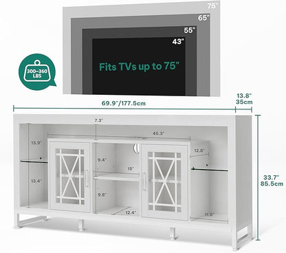 YITAHOME 33.5'' Tall TV Stand for 75 inch TV, LED Entertainment Center with Storage, Black TV Stands for Living Room with Acrylic Doors & Power Outlets, Tall TV Console Cabinet, White