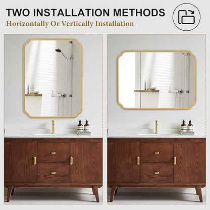 30"x48" Gold Bathroom Mirror for Wall, Large Brass Gold Bathroom Vanity Mirror for Over Sink, Rounded Rectangle Mirror in Premium Iron Metal Frame Hangs Horizontal Or Vertical