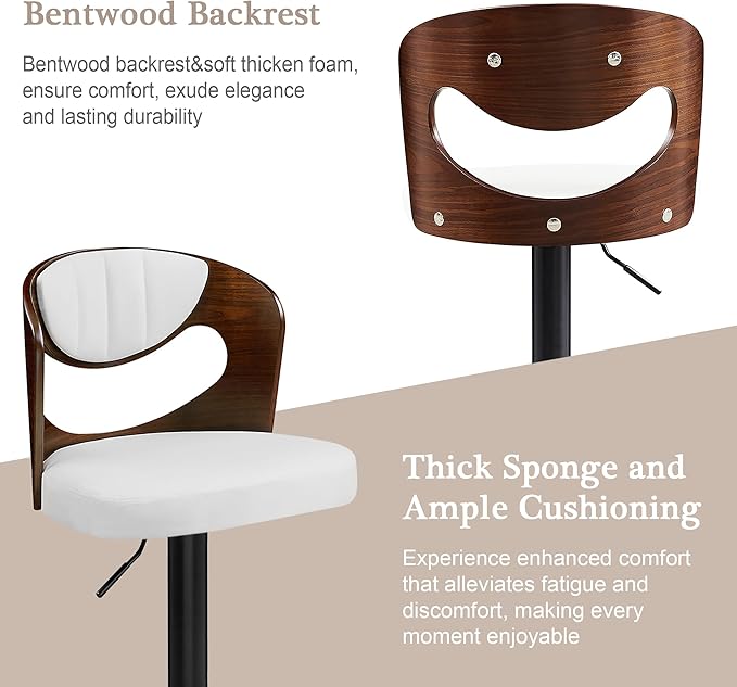 VECELO Bar Stools Set of 2,Kitchen Island Stools with Bentwood Back,Arm&Footrest,Counter Height Stools PU Leather Adjustable Height,Swivel Bar Chairs for Club Pub Dining Room, Ivory White