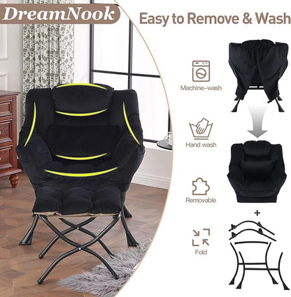 Lazy Chair with Ottoman, Modern Accent Chair with Lumbar Pillow, Comfy Chairs with Folding Footrest for Bedroom, Reading, Oversized Supportive Lounge Chairs(Velvet Black)
