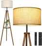 OUTON Wood Tripod Floor Lamp with Shelves, Mid Century LED Modern Dimmable Floor Lamp with Remote & Touch Control, Sturdy Tall Standing Lamp for Living Room, Bedroom, Office, Walnut