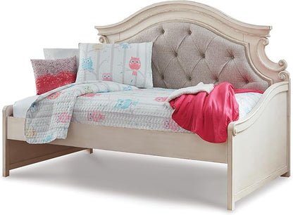 Signature Design by Ashley Realyn Traditional Upholstered Tufted Twin Platform Daybed with 1 Large Drawer, Foundation or Box Spring Not Needed, White & Beige