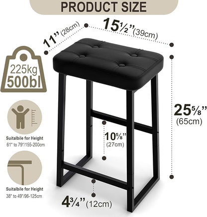 Bar Stool, Kitchen Island Chairs,Counter Height Bar Stools, Modern Synthetic Leather with Stitching, 26 inches high, for Kitchen/Family Restaurant/Dining Room/Farmhouse, Black