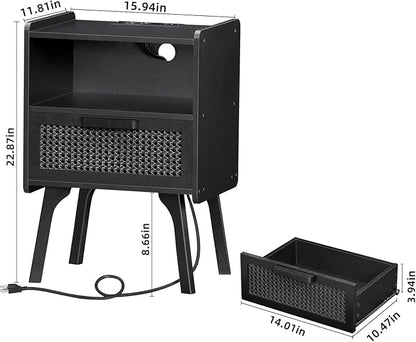 Lerliuo Rattan Nightstands Set of 2 with Charging Station, Boho Side Table with Drawer Open Shelf, Cane Accent Bedside End Table with Solid Wood Legs for Bedroom, Dorm and Small Spaces (Black)