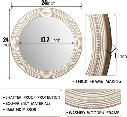 24 Inches Wood Round Mirrors for Wall Decor, Rustic Decorative Circle Mirror for Home, Office, Bedroom, Bathroom, Living Room, Entryway