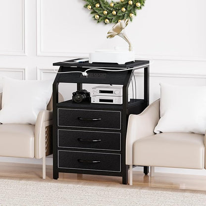End Tables Set of 2, Nightstands with Charging Station and LED Lights, 3 Drawers Fabric Dressers, Storage Side Tables for Bedside, Living Room, Modern Black