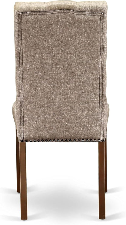 East West Furniture ELP3T16 Elsa Parson Dining Chairs - Button Tufted Nailhead Trim Dark Khaki Linen Fabric Upholstered Chairs, Set of 2, Mahogany